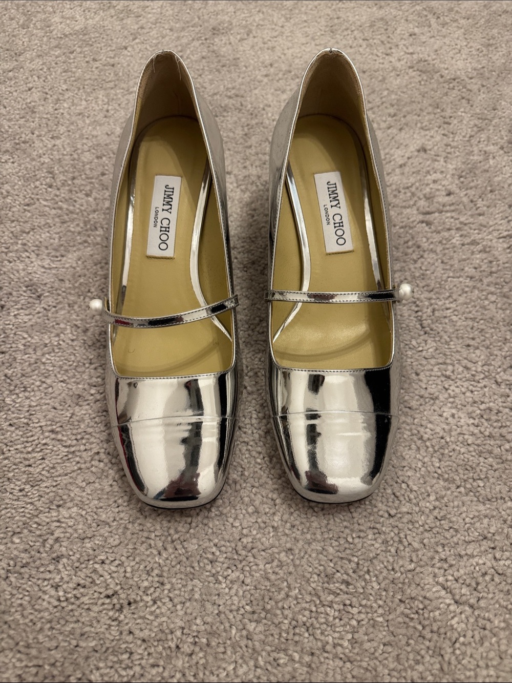 Jimmy Choo Metallic Silver Mary Jane Flats with Pearl Accent